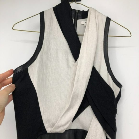 HELMUT LANG TWISTED DRAPE GRAINED VISCOSE LEATHER  TRIM DRESS Black White - Picture 6 of 16
